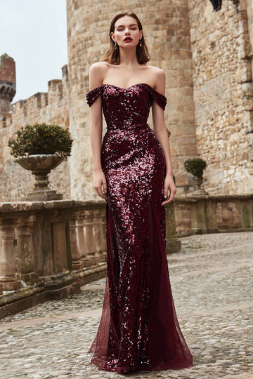 Off The Shoulder Sequined Burgundy Mermaid Maxi Evening Dress